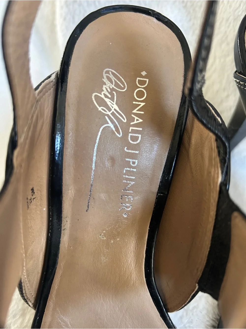 Donald J. Pliner Black Patent and Fabric Slingback Heels
